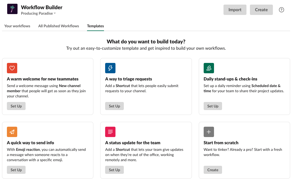 Screenshot of the Workflow Builder templates page in Slack