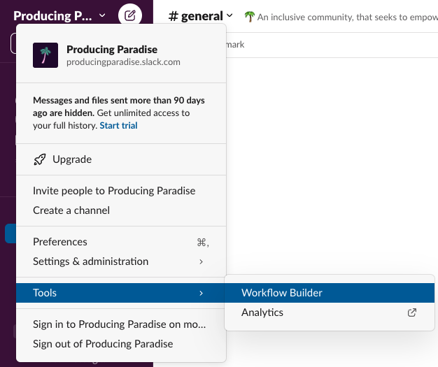 Screenshot of the Slack app showing how to find the Workflow Builder