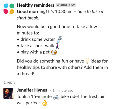 Screenshot of a Slack workflow suggesting that people take a short break at 10:30am