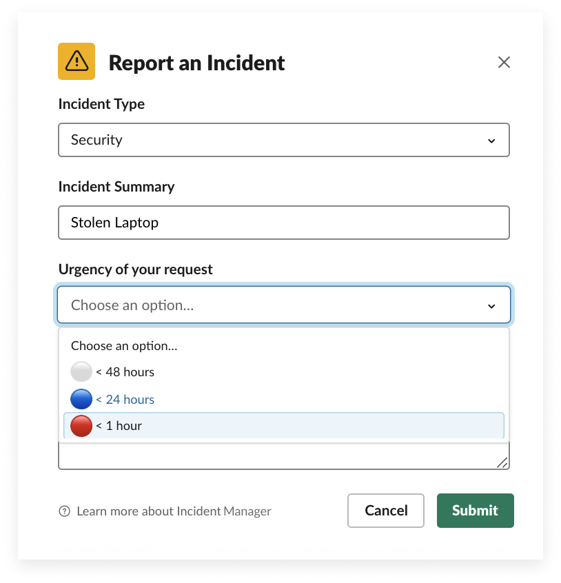 Screenshot of an example Slack workflow for an incident report to be logged