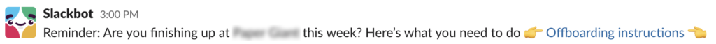 Screenshot of a Slack workflow sharing a link to offboarding instructions