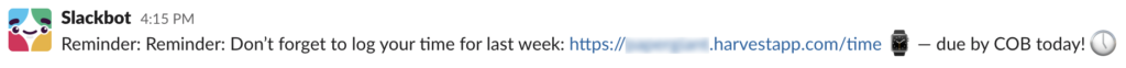Screenshot of a Slack workflow reminding people to track their time