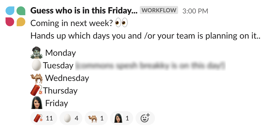 Screenshot of a Slack workflow asking who's coming into the office encouraging emoji reactions as responses