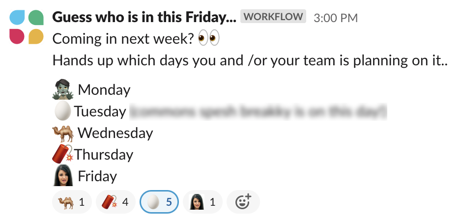 Screenshot of a Slack workflow asking who's coming into the office encouraging emoji reactions as responses