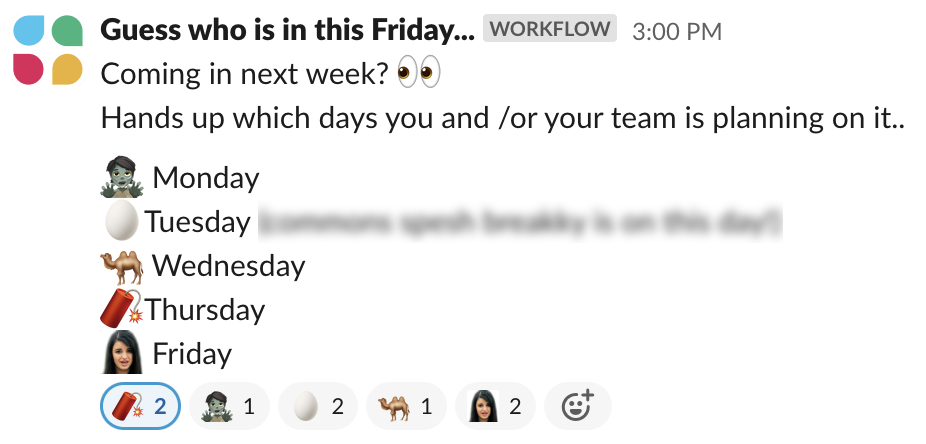 Screenshot of a Slack workflow asking who's coming into the office encouraging emoji reactions as responses