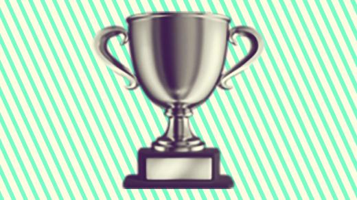 A duotoned dark purple and beige version of the Apple trophy emoji, in front of a neon green horizontal striped background