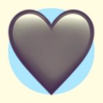 A duotoned dark purple and beige version of the Apple heart emoji, in front of a light blue circle background