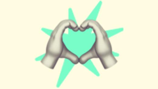 A duotoned dark purple and beige version of the Apple heart hands emoji, in front of a neon green starburst shape
