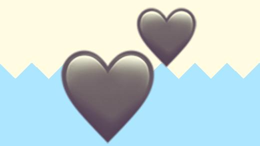 A duotoned dark purple and beige version of the Apple two hearts emoji, in front of a blue zig zag shape across the bottom of the image