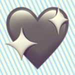 A duotoned dark purple and beige version of the Apple sparkly heart emoji, in front of a blue horizontal striped background