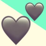 A duotoned dark purple and beige version of the Apple two hearts emoji, in front of a neon green triangle across the top right corner