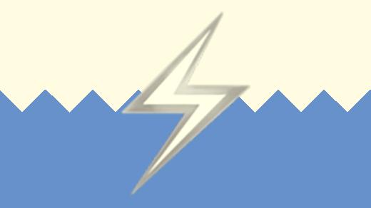 A duotoned dark purple and beige version of the Apple zap emoji, in front of a blue zig zag shape across the bottom of the image