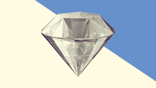 A duotoned dark purple and beige version of the Apple gemstone emoji, in front of a blue triangle across the top right corner