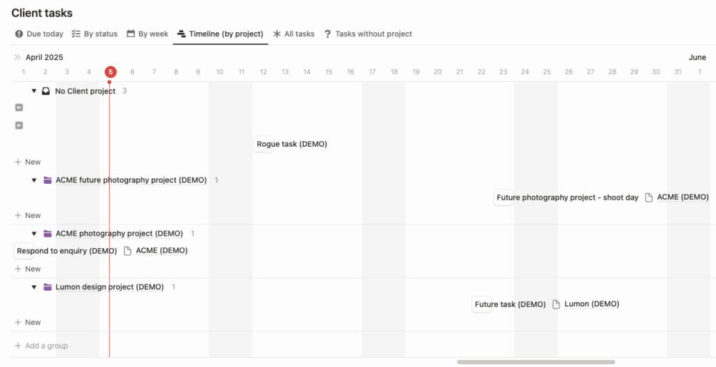 Freelance Notion template client projects timeline