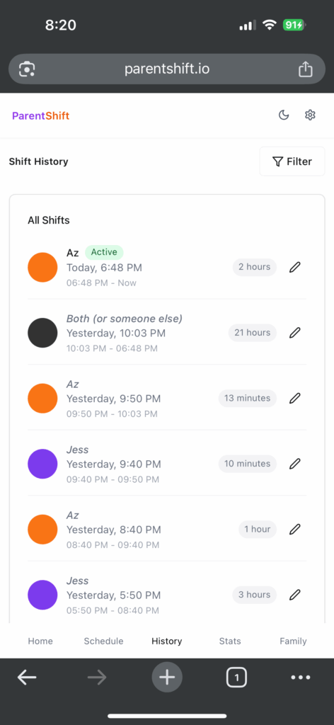 ParentShift Replit AI shift history
