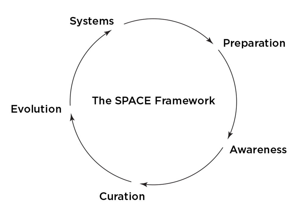 The SPACE framework diagram showing Systems, Preparation, Awareness, Curation and Evolution in a loop